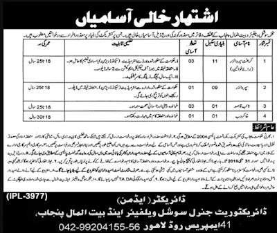 Social Welfare & Bait-ul-Maal Department Punjab Jobs 2019