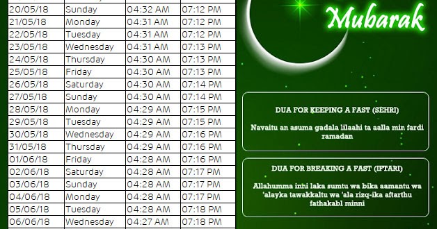 Ramadan Timetable 2018 (UPDATED)- Ramadan Sehri and Iftar 