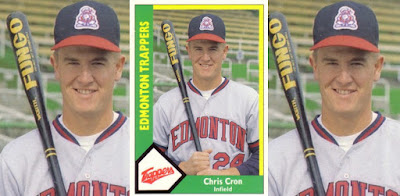 Chris Cron 1990 CMC baseball card, seen up close with Fungo bat on shoulder