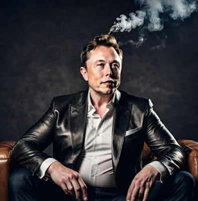 Elon Musk sitting with his legs spread open wearing jeans and a black leather blazer smoking a cigar
