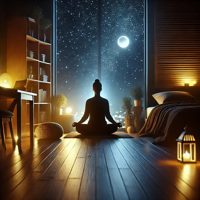 A peaceful night scene with a person meditating in a dark room with soft ambient lighting.