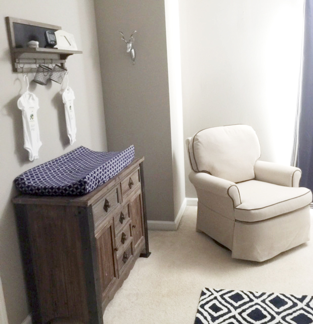 Twin Boy Nursery - white, gray, navy - with rustic elements. Antlers & Arrows