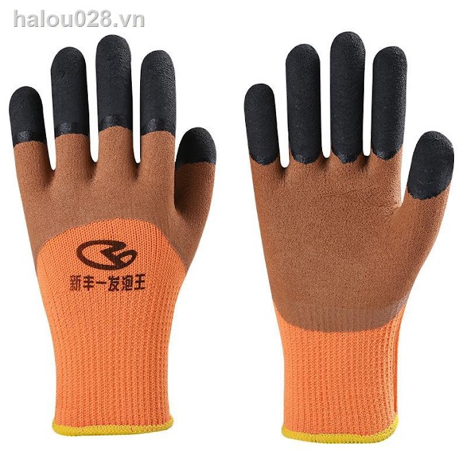 ㍿▤10 pairs of thickened warmth and velvet foam king latex labor protection gloves non-slip breathable wear-resistant dipped rubber wholesale