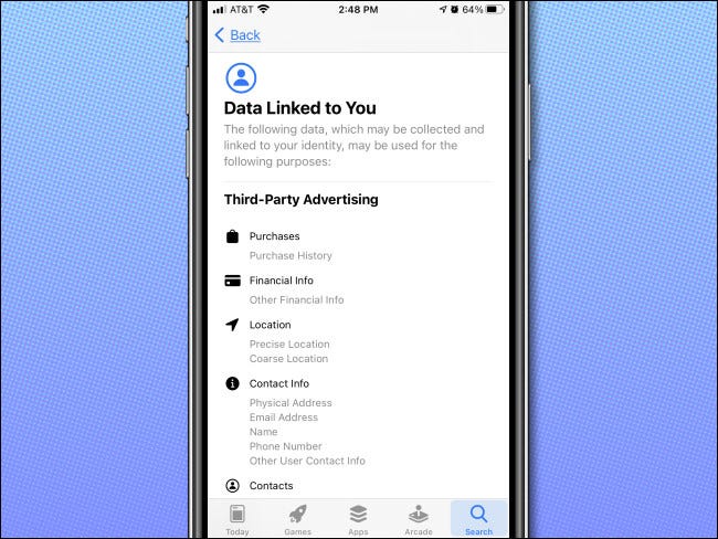مثال على صفحة تفاصيل خصوصية التطبيقات في متجر تطبيقات iPhone.