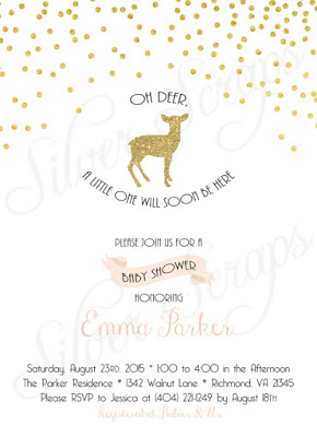 Gold Glitter Confetti and Deer Custom Baby Shower Invitation - Fawn Bambi Sprinkles Dots Blush Pink White Modern Girl Sparkle Digital DIY metallic matching back side polka dots silhouette chic soft blush light pink white