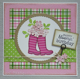 Card with flowers in welly boots, using Bloomin' Boots stamps/dies from Taylored Expressions and a mix of MFT and Lawn Fawn papers