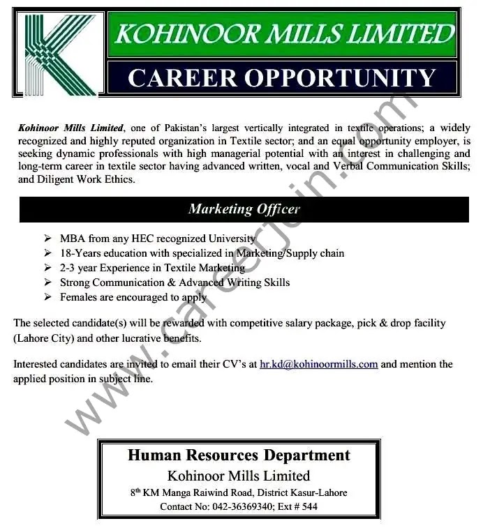 Jobs in Kohinoor Mills Limited