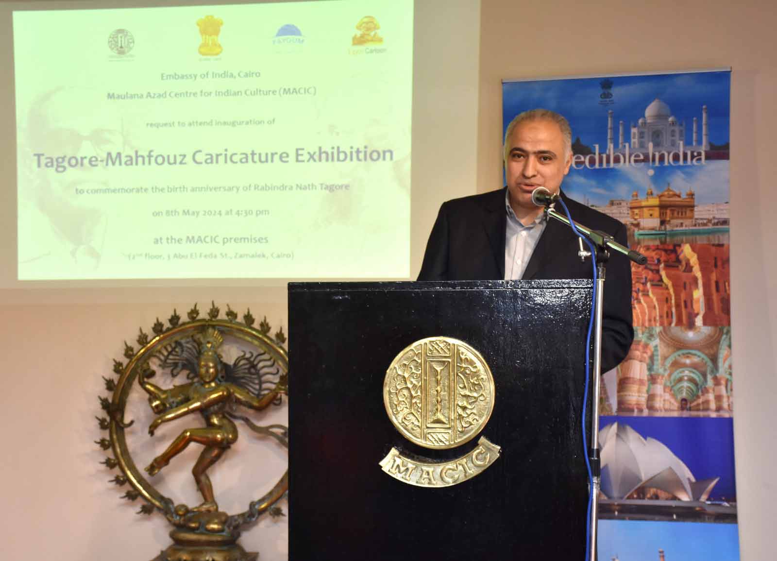 Indian Ambassador to Cairo inaugurates "Tagore and Mahfouz Caricature" Exhibition