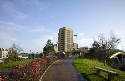 An architects drawing of the view of the tower block from the Mile End Park cycle path.