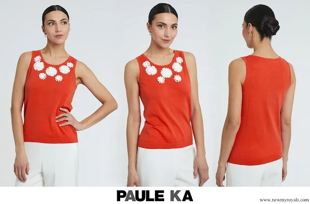 Princess Stephanie wore Paule Ka Floral-Appliqué Ribbed Knit Top in Orange