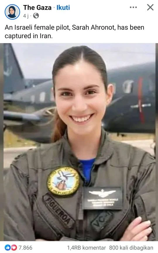Iran menembak jatuh dua pesawat tempur F Iran tembak jatuh dua jet tempur F-35 Israel. Seorang pilot wanita Israel, Sarah Ahronot, dikabarkan telah ditangkap di Iran
