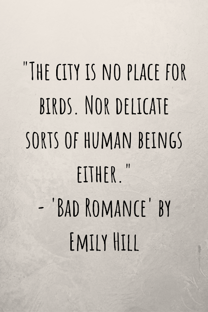 Grey background with black writing that reads: "The city is no place for birds. Nor delicate sorts of human beings either." - 'Bad Romance' by Emily Hill