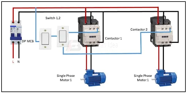 Single phase two motor 2 way switch control