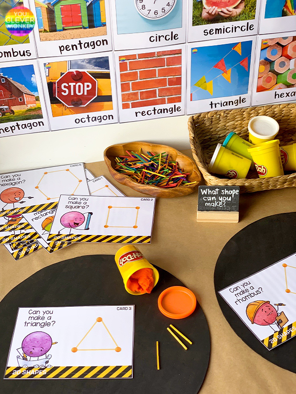 2D SHAPE STEM INVITATIONS - Recreate these simple STEM invitations in your classroom to help children learn about 2D shapes and their attributes through play | you clever monkey #stemactivitiesforkindergarten #2dshapeactivities #mathcentersforkindergarten #2dshapeSTEMcenters