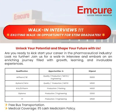 ITI, Diploma and Graduates Freshers Jobs Vacancies in Emcure Pharmaceuticals Limited Sanand, Ahmedabad | Walk-in Interviews for Freshers