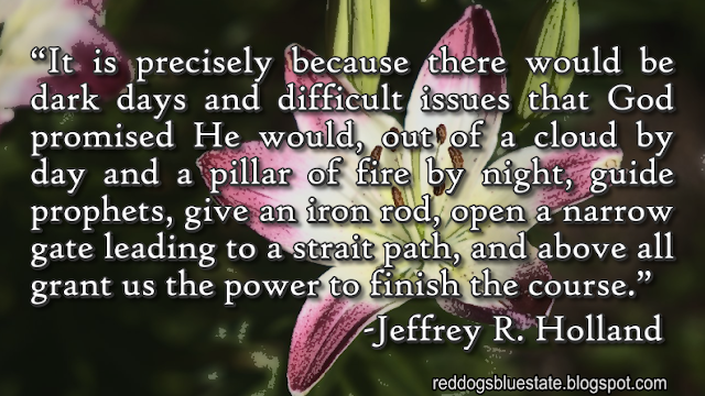 “It is precisely because there would be dark days and difficult issues that God promised He would, out of a cloud by day and a pillar of fire by night, guide prophets, give an iron rod, open a narrow gate leading to a strait path, and above all grant us the power to finish the course.” -Jeffrey R. Holland