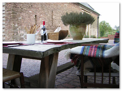 blue canoe outdoor table