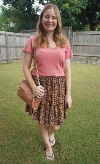 pink and leopard print outfit target ruffle hem print skirt with washed rose tee and mab crossbody bag | awayfromtheblue