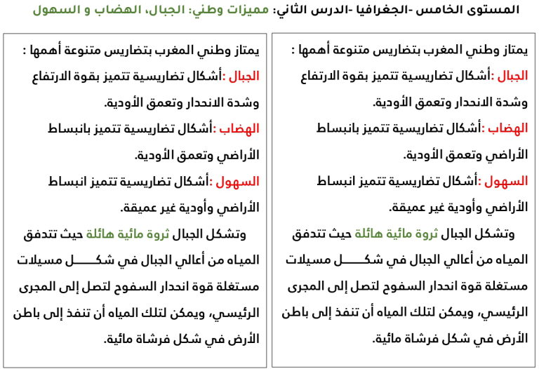 ملخص درس مميزات وطني : الجبال، الهضاب و السهول pdf