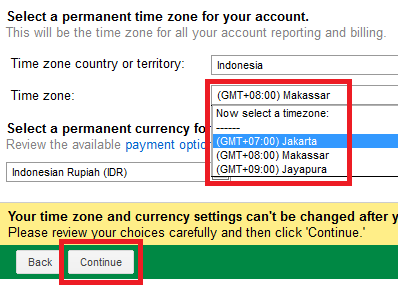 tentukan negara dan zona waktu anda di adwords