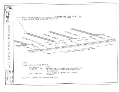 City of Ottawa standards drawing, line drawing of a sidewalk with three driveway accesses close to each other and a continuous stretch of ramp-style sidewalk, labelled Continuous vehicle access ramp.