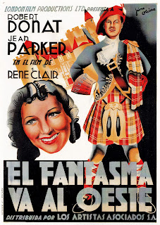 EL FANTASMA VA AL OESTE. Cartel: 70 x 100 cms. España. Autor: Jaime Olcina. Imprenta: Martí, Marí y cía, Barcelona. EL FANTASMA VA AL OESTE. The Ghost Goes West. 1936. Reino Unido. Dirección: René Clair. Reparto: Robert Donat, Jean Parker, Eugene Pallette, Elsa Lanchester, Ralph Bunker, Patricia Hilliard.