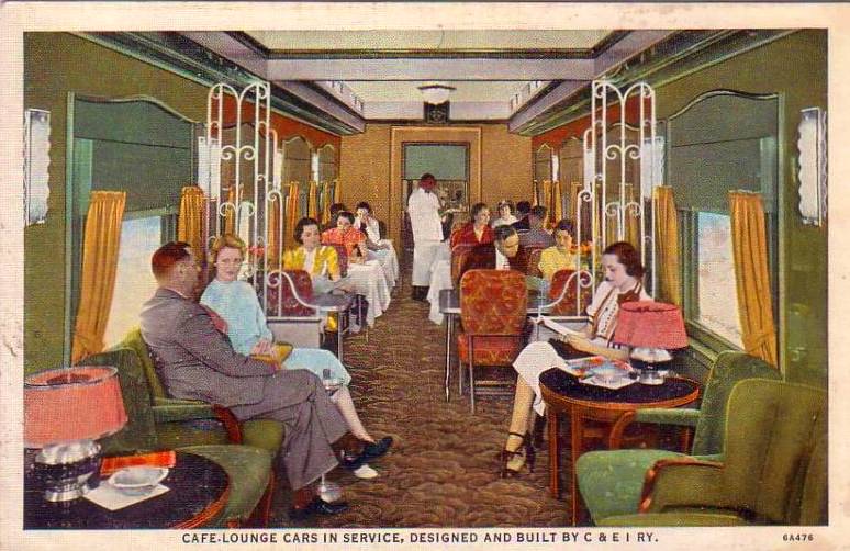 POSTCARD CHICAGO TRAIN C AND E I CAFELOUNGE CAR INTERIOR c1950