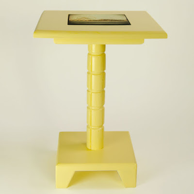 Yellow Painted Handcrafted Drink Table with Removable Tile Inlay