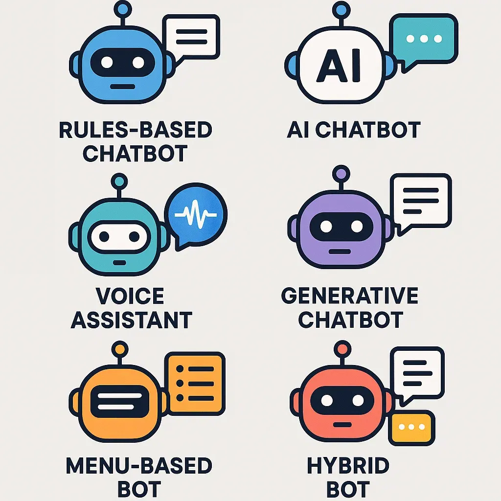 Diagrama de los tipos de chatbots: basados en reglas, con IA, y modelos híbridos.