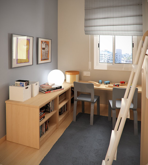 Общий стол и двухъярусная кровать значительно экономят пространство детской комнаты