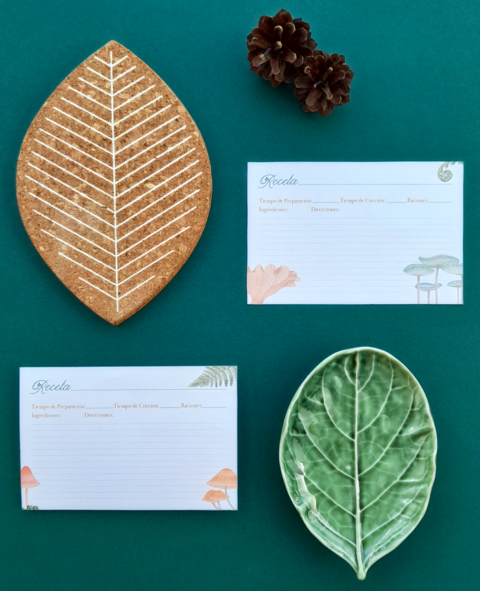 tarjetas de recetas ilustradas, plato hoja verde, piñas, piñones, hojas de corcho, cocina, hongos, helechos, plantas, bosque encantado