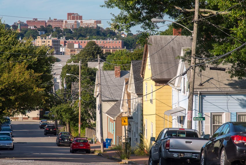 Portland, Maine USA September 2017 photo by Corey Templeton. A glimpse of the West End (Maine Medical Center is in the distance) from the slope of Madison Street in East Bayside.