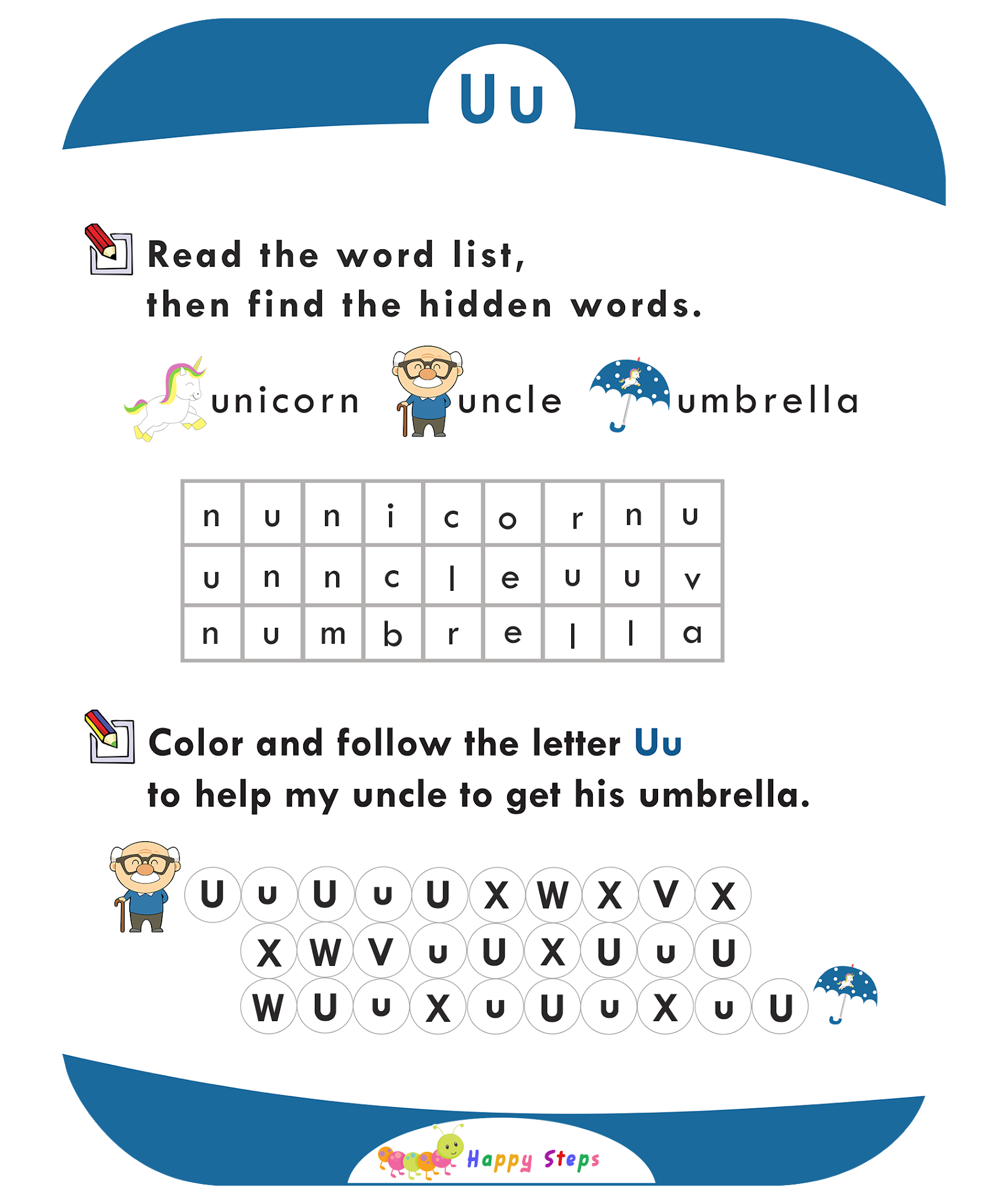 activity worksheet 3 letter u for kids