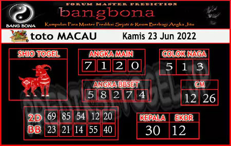 Prediksi Bangbona Toto Macau Kamis 23 Juni 2022