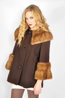 Vintage 1960's brown wool sing coat with honey mink colored collar and cuffs.