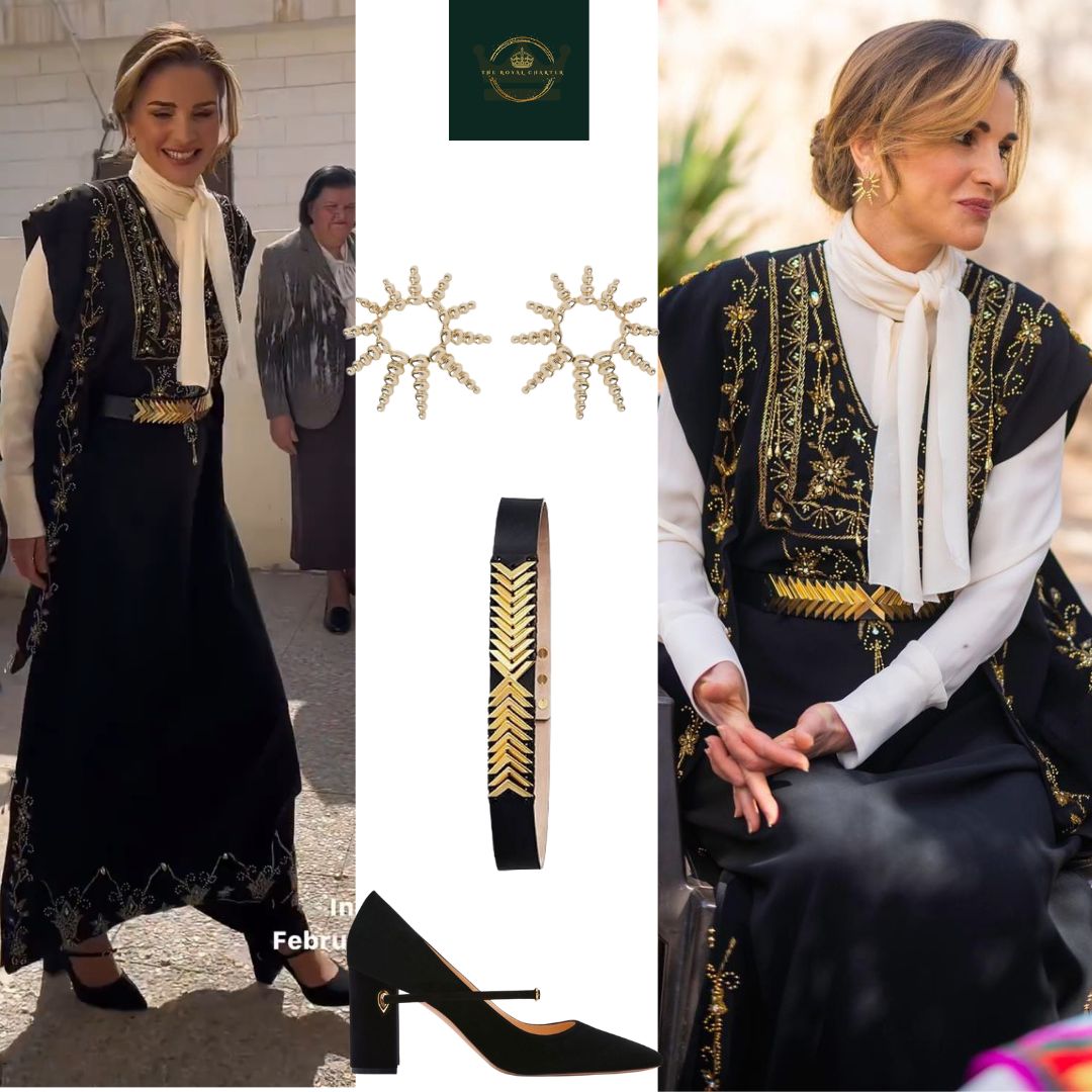 Queen Rania was wearing a white tie-neck with black embroidered sleeveless thoub topped with H&M x Balmain leather belt that she teamed up with Jennifer Chamandi Lore pumps, Nikos Koulis Spectrum Yellow Gold Hoop Earrings.