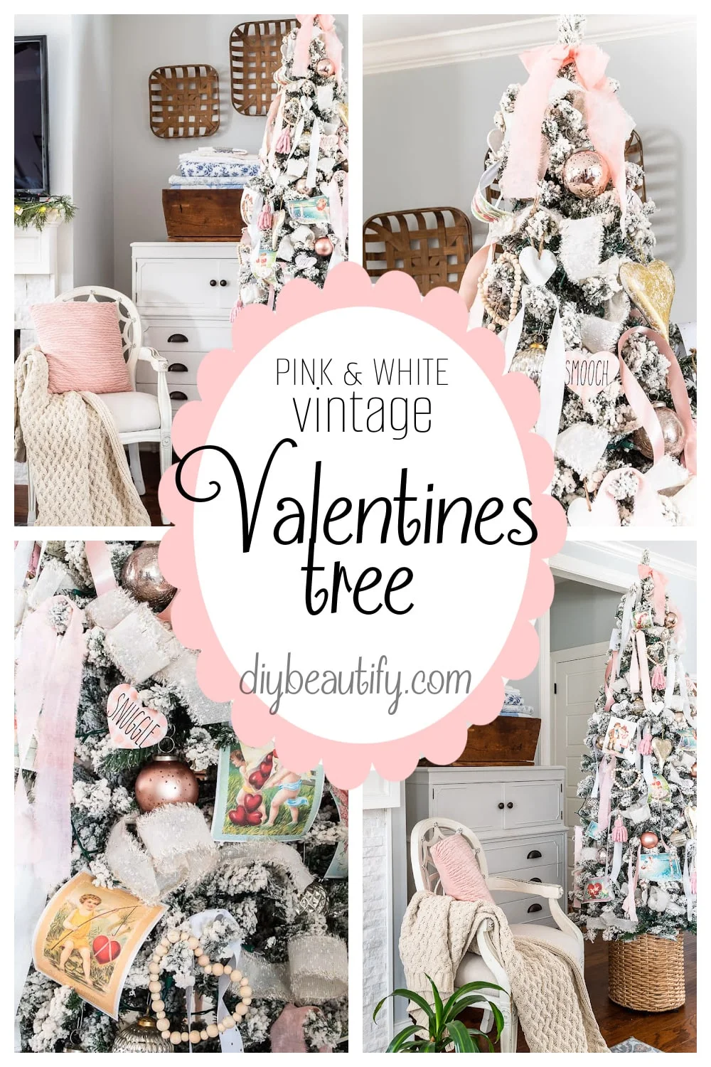 pink and white vintage Valentines tree, pillows, white painted furniture
