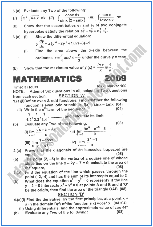 Mathematics-2009-past-year-paper-class-XII