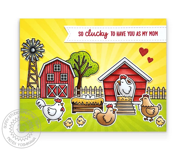 Sunny Studio Punny Farm Themed Mother's Day Card (using Clucky Chickens & Farm Fresh Stamps, Classic Sunburst Paper, Slimline Pennant Dies)