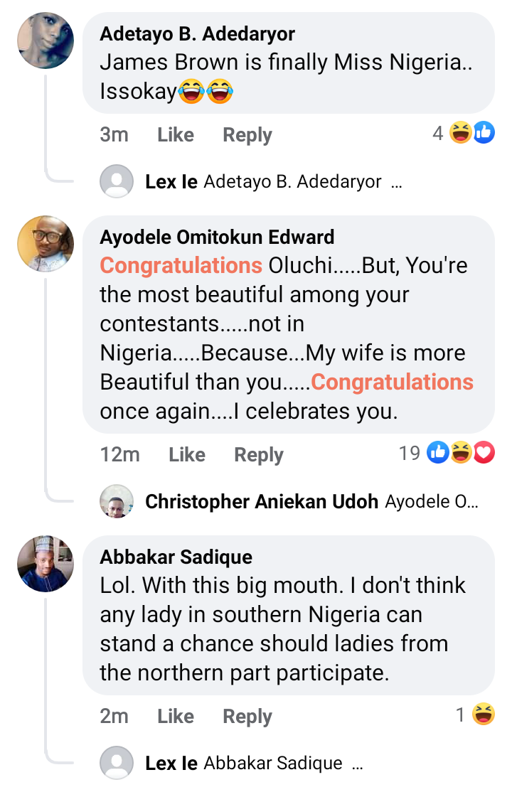 "She looks like James Brown" reactions as Oluchi Madubuike emerges Most Beautiful Girl In Nigeria