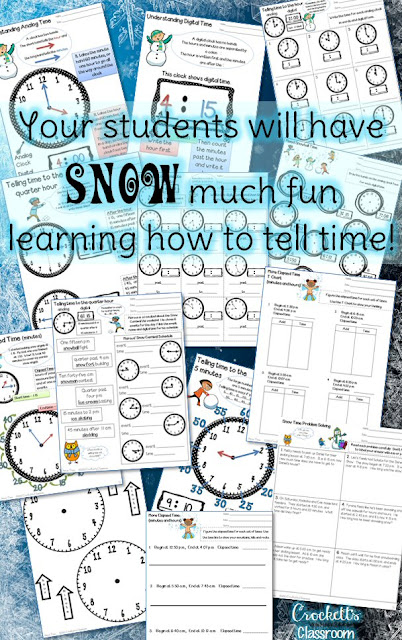 Time to teach telling time to your students!  They'll have "snow" much fun learning to tell time to the hour, half hour, quarter hour, 5-minute and 1-minute intervals with this packet.  Tons of practice pages and student reference sheets to use with your lessons.