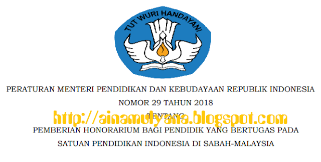  Tentang Pemberian Honorarium Bagi Pendidik Yang Bertugas Pada Satuan Pendidikan Republic of Indonesia PERMENDIKBUD NOMOR 29 TAHUN 2018 TENTANG PEMBERIAN HONORARIUM BAGI PENDIDIK YANG BERTUGAS PADA SATUAN PENDIDIKAN INDONESIA DI SABAH-MALAYSIA