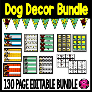 This editable and Printable DOG THEME Décor set includes everything you need to create your own Dog Theme classroom! This set includes alphabet posters, desk plates, bulletin board banners, desk plates, word wall cards, clock set , and calendar numbers. Create and add to this dog theme set with all the editable templates!