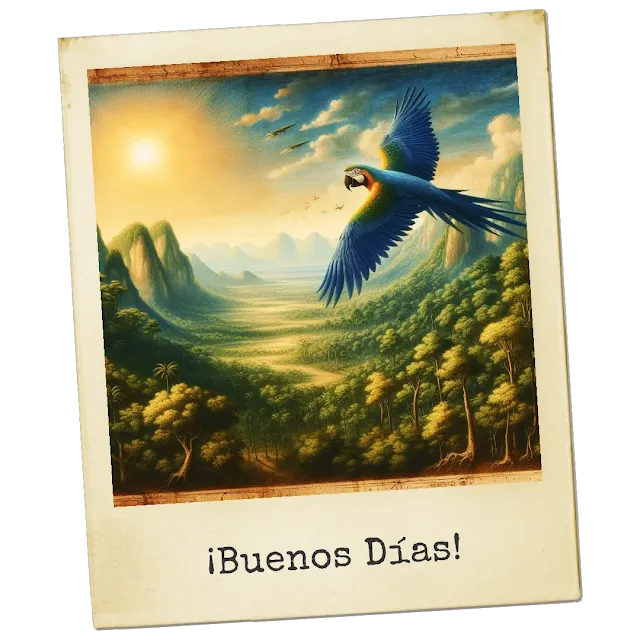 Tarjeta de guacamaya azul volando sobre bosque tropical. Arte digital
