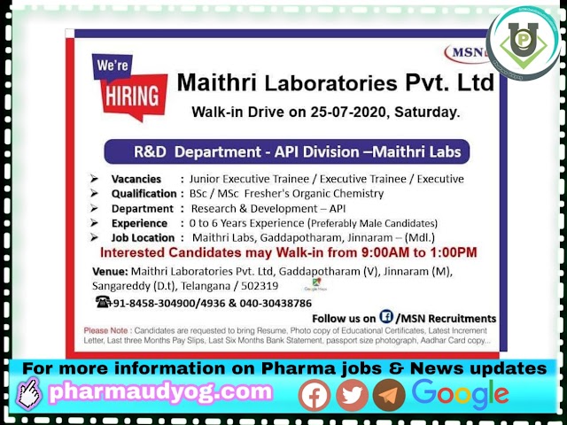 Maithri Laboratories | Walk-in for R&D department at Hyderabad on 25 July 2020