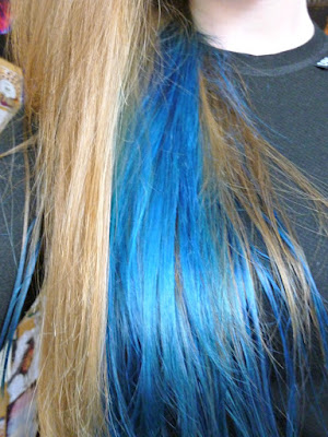 Directions neon blue hair dye underside on bleached hair