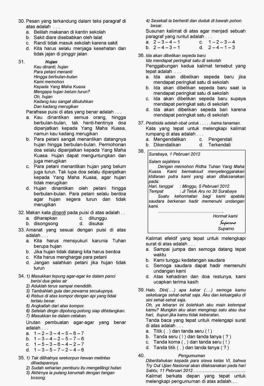Kunci Jawaban dan Soal  UN  Bahasa  Indonesia Kelas  6  SD  TA 