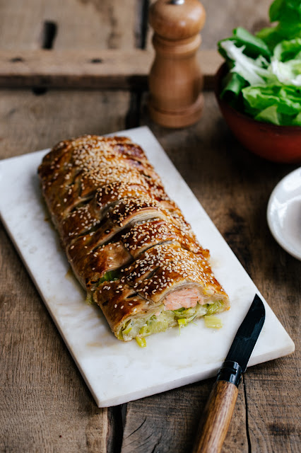 Tresse feuilletée aux poireaux et saumon