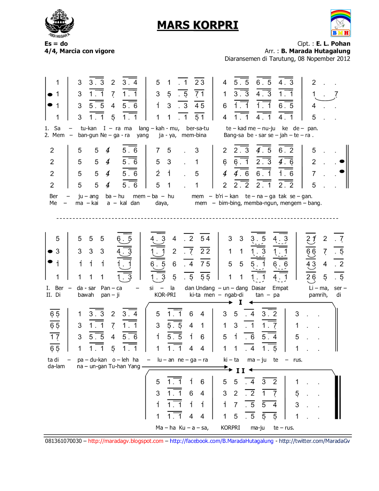 Arransemen Mars KORPRI (SATB) - Senandung Kehidupan