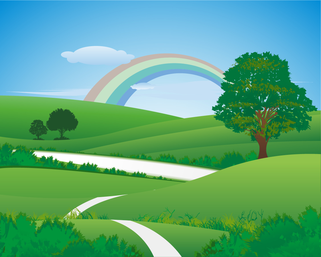 Free Vector がらくた素材庫 虹の架かった新緑の草原 Fresh Green Landscape With Rainbow イラスト素材